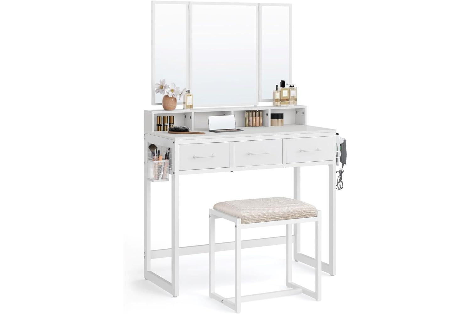 Vasagle White Vanity Table With Stool, Makeup Organiser With Triple Folding Mirror And Ample Storage