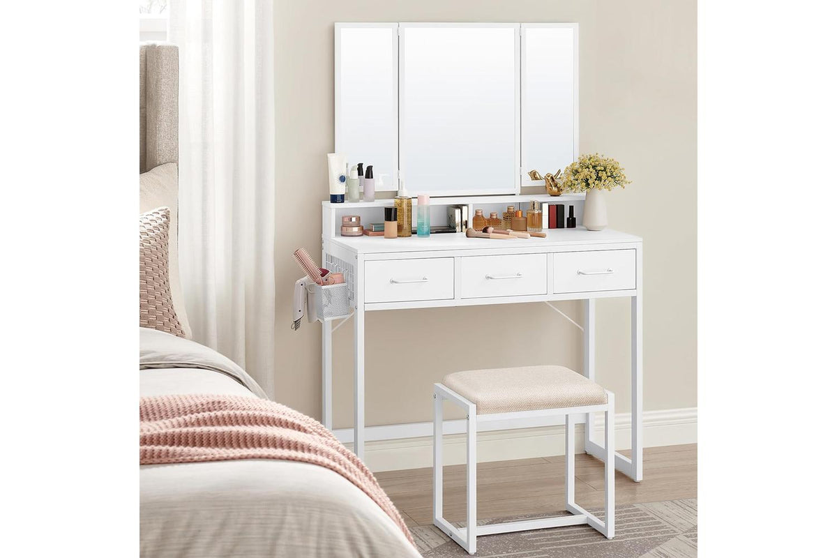 Vasagle Dressing Table With Padded Stool | Vanity Table With Triple Mirror | White-2