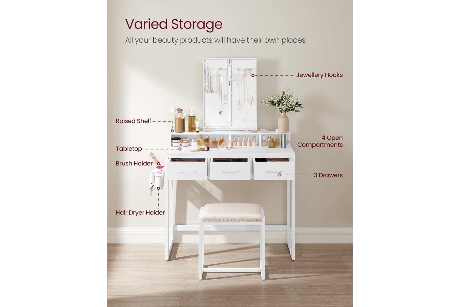 Vasagle White Vanity Table With Stool, Makeup Organiser With Triple Folding Mirror And Ample Storage-2