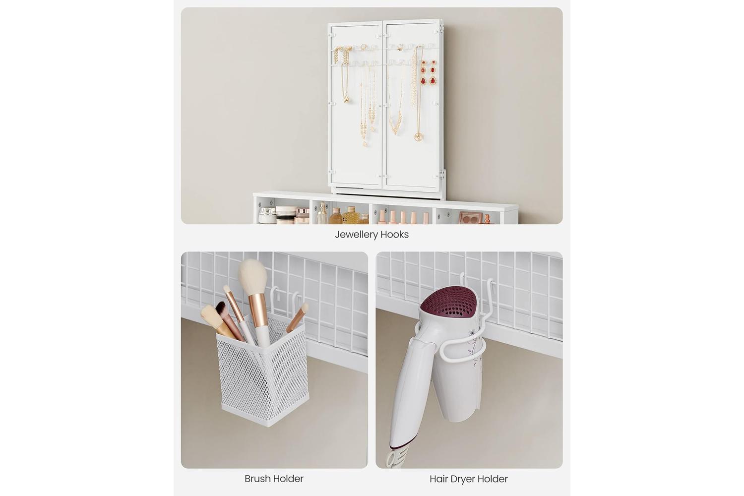 Vasagle White Vanity Table With Stool, Makeup Organiser With Triple Folding Mirror And Ample Storage-3