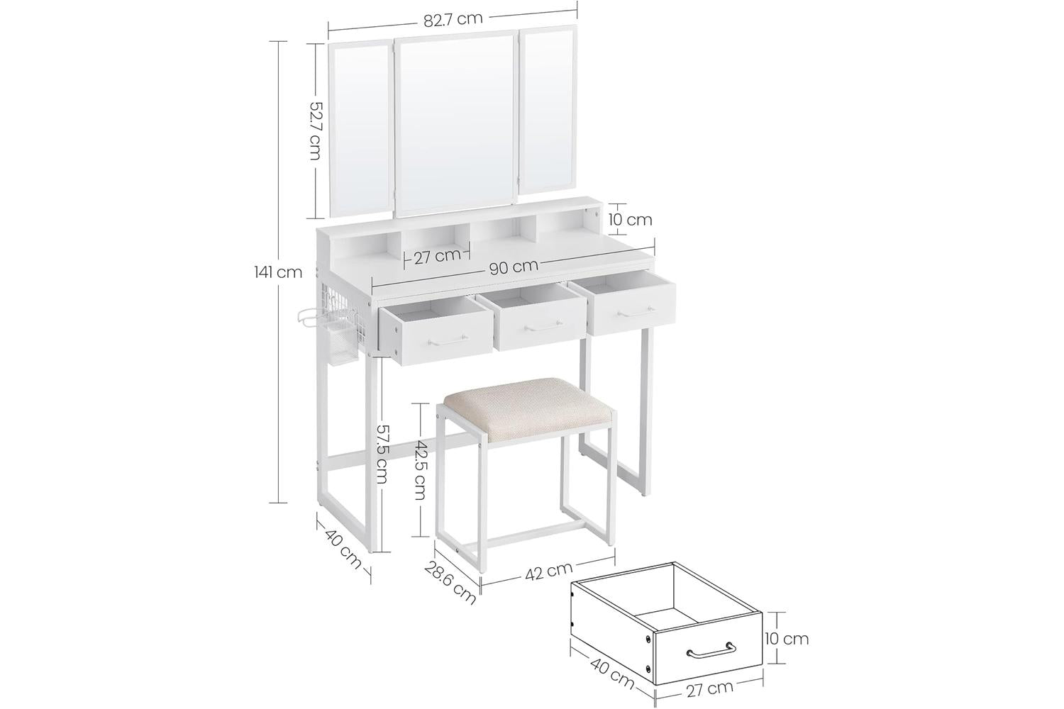 Vasagle White Vanity Table With Stool, Makeup Organiser With Triple Folding Mirror And Ample Storage-4