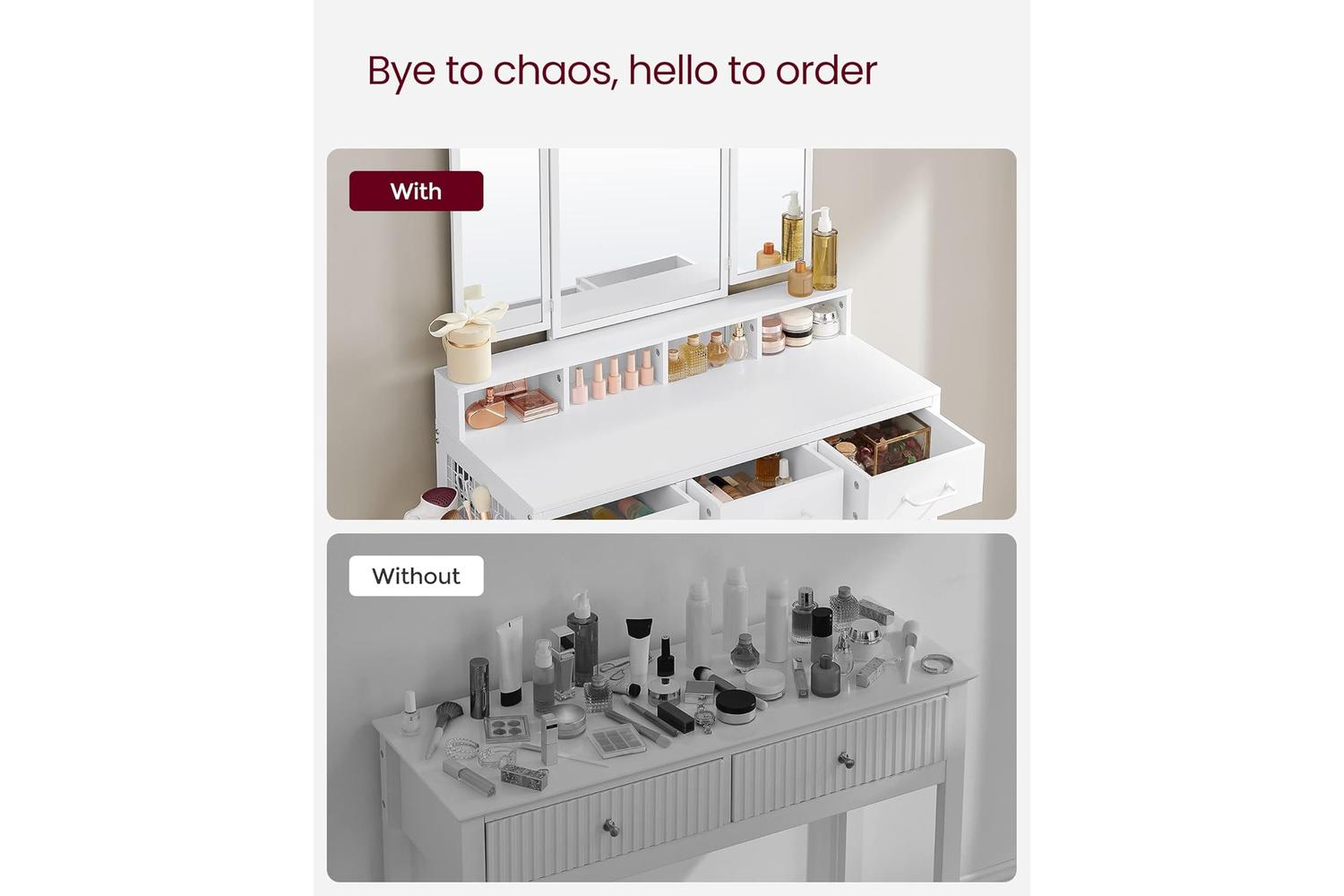 Vasagle White Vanity Table With Stool, Makeup Organiser With Triple Folding Mirror And Ample Storage-5