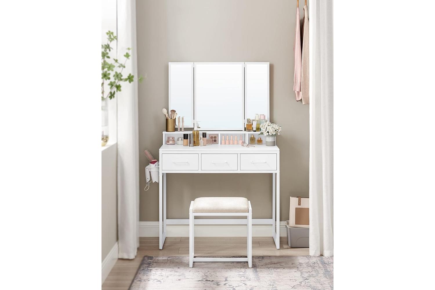 Vasagle White Vanity Table With Stool, Makeup Organiser With Triple Folding Mirror And Ample Storage-7