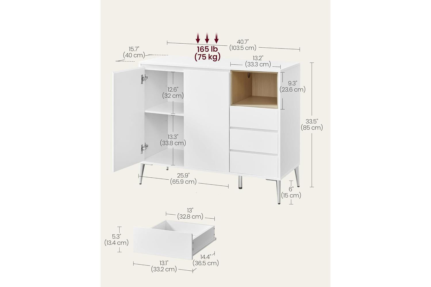 Vasagle Storage Cabinet | Particleboard | Cloud White | 103.5 X 40 X 85 Cm-2