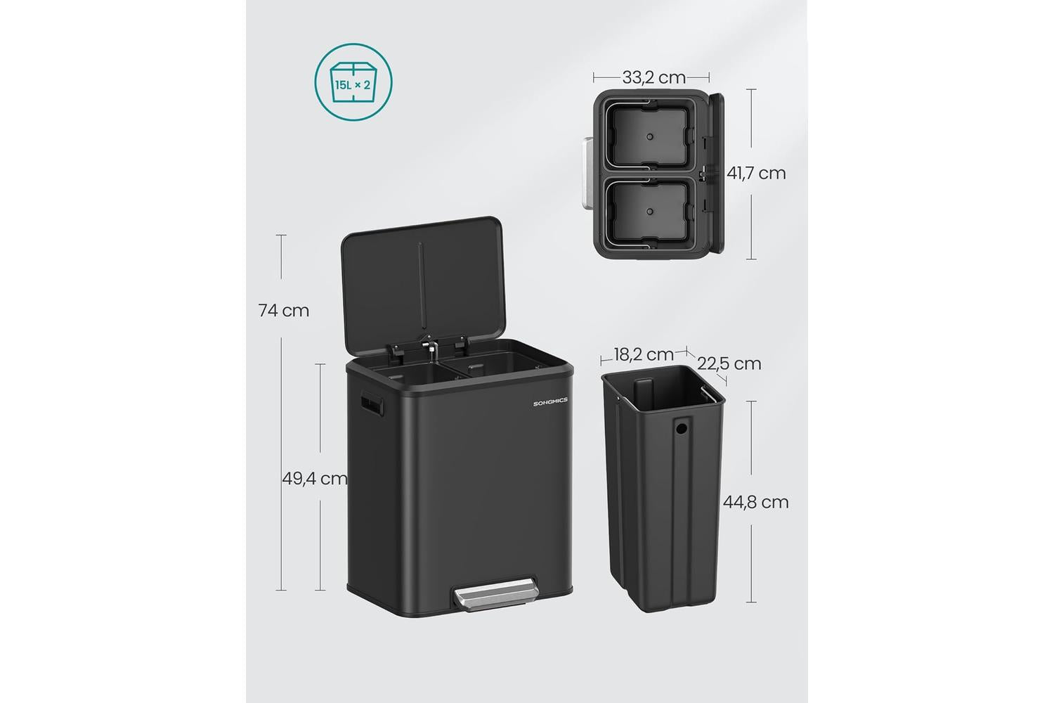 Songmics Trash Can | Stainless Steel | 2x15l-4