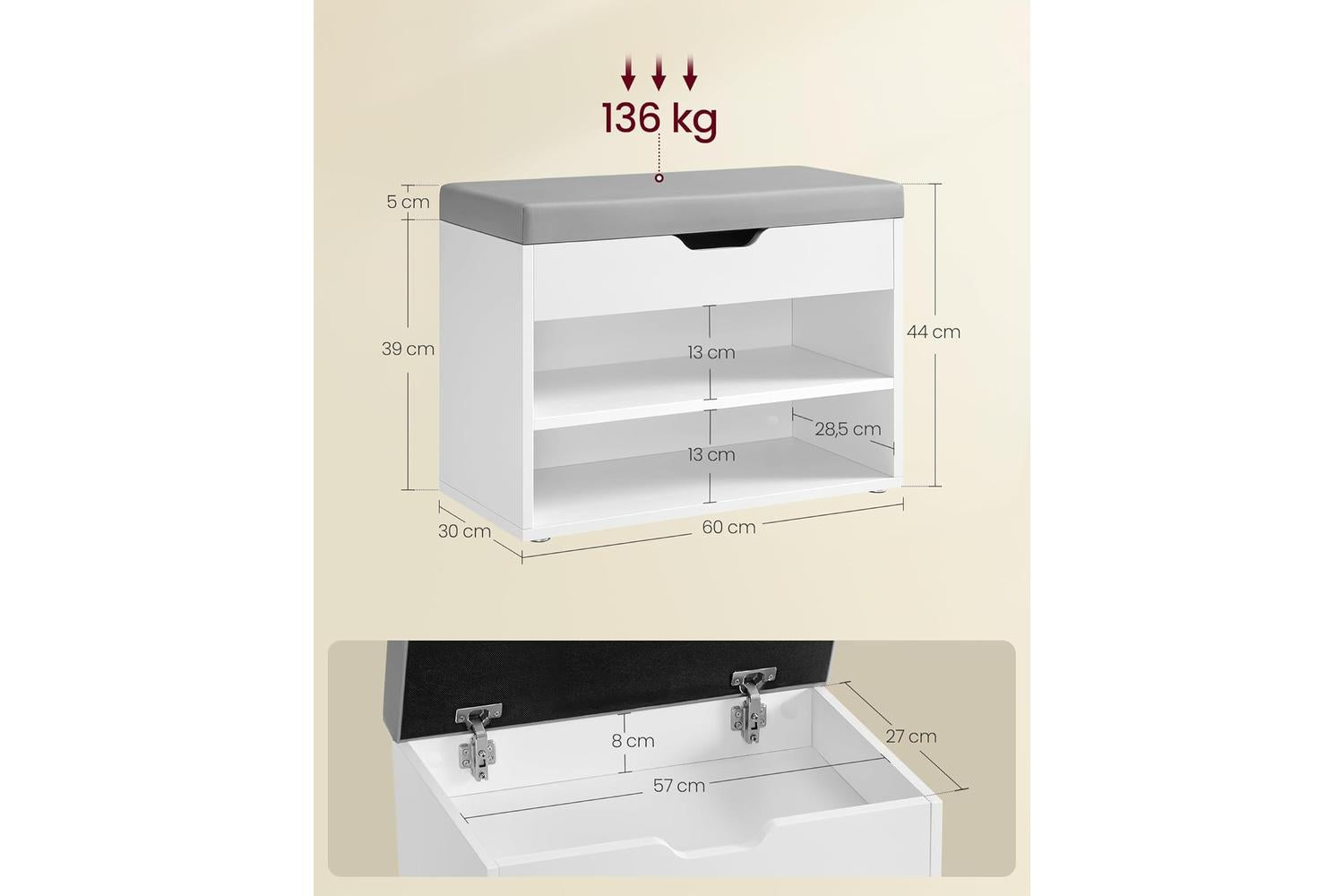 Shoe Bench | Storage Bench | Wood Chipboard Pu | 60 X 30 X 44 Cm-2