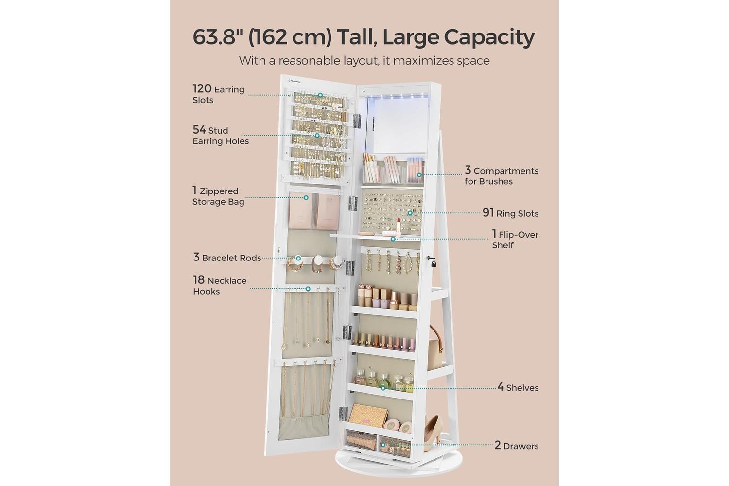 Songmics Jewelry Cabinet | Freestanding Organizer | Mdf & Velvet | Tall-3