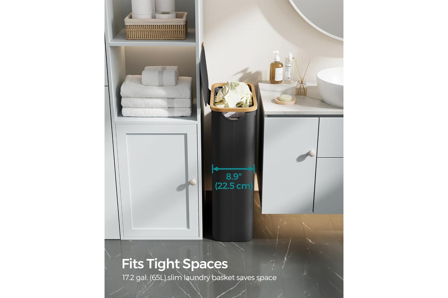 Laundry Hamper | Laundry Basket | Oxford Fabric & Bamboo | 42 X 22.5 X 70.5 Cm-3