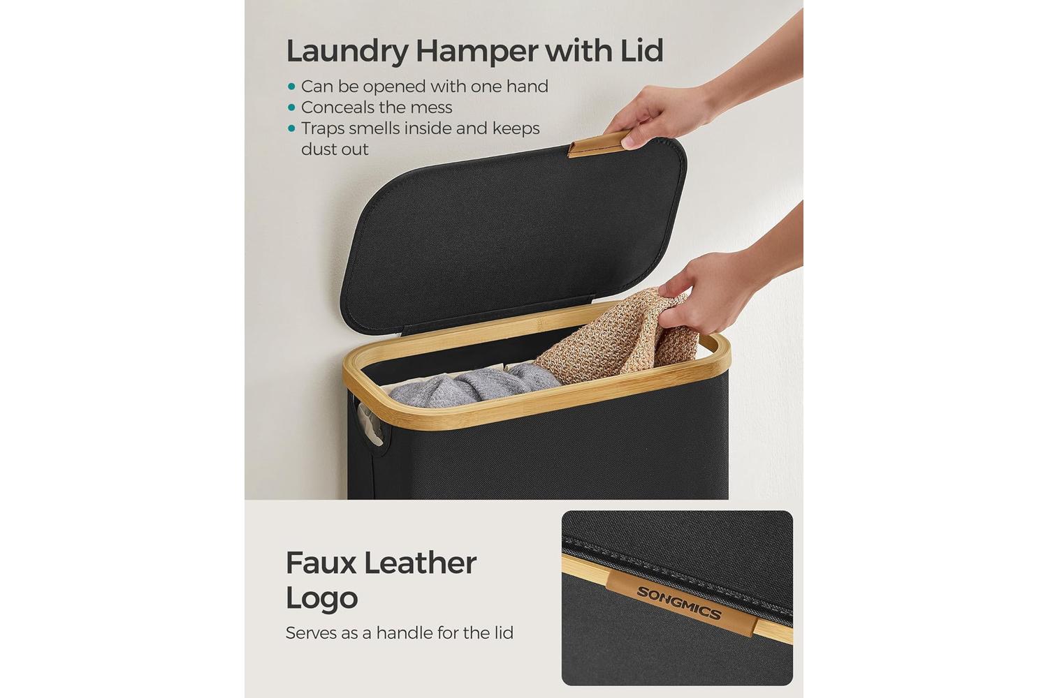 Laundry Hamper | Laundry Basket | Oxford Fabric & Bamboo | 42 X 22.5 X 70.5 Cm-4