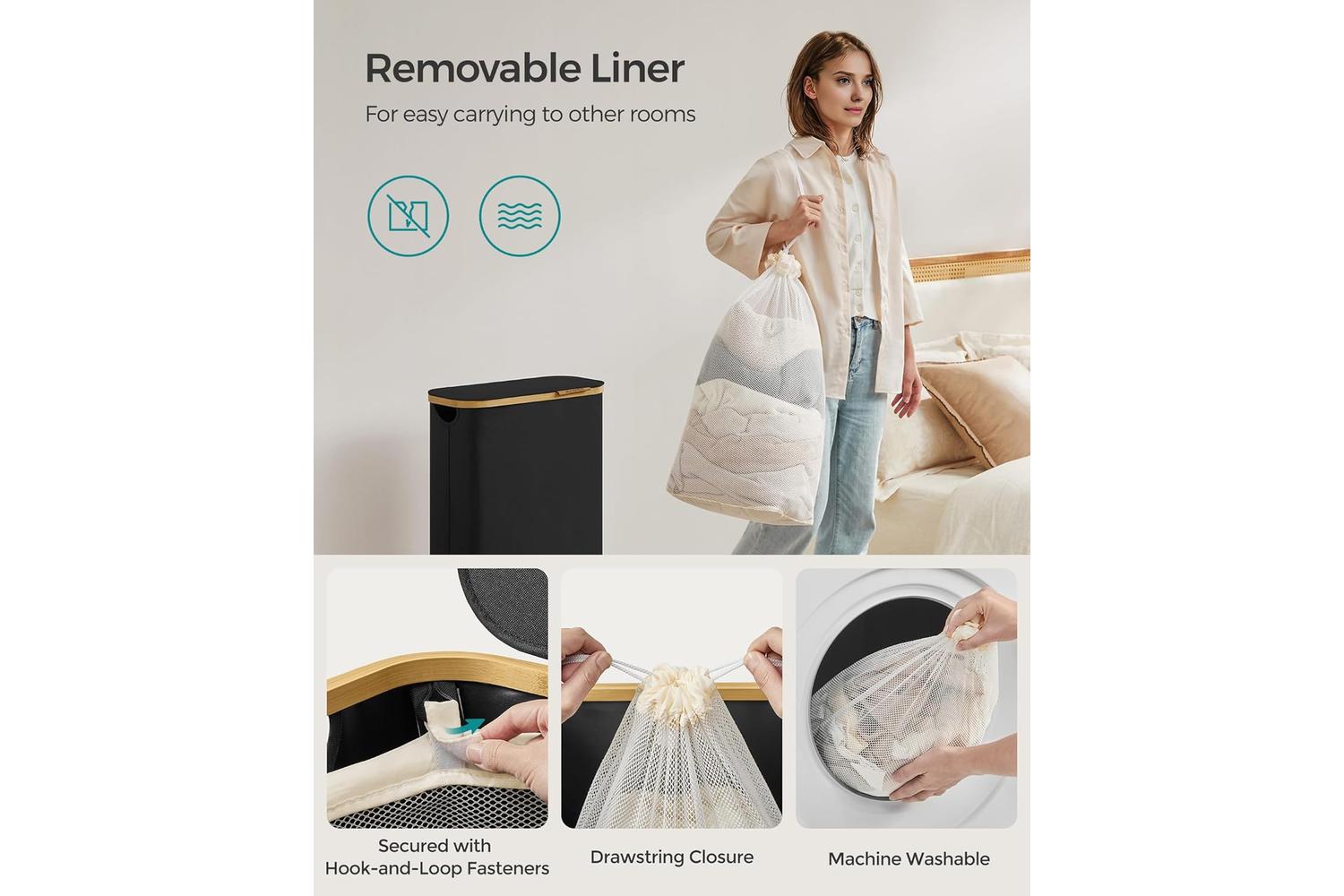 Laundry Hamper | Laundry Basket | Oxford Fabric & Bamboo | 42 X 22.5 X 70.5 Cm-5
