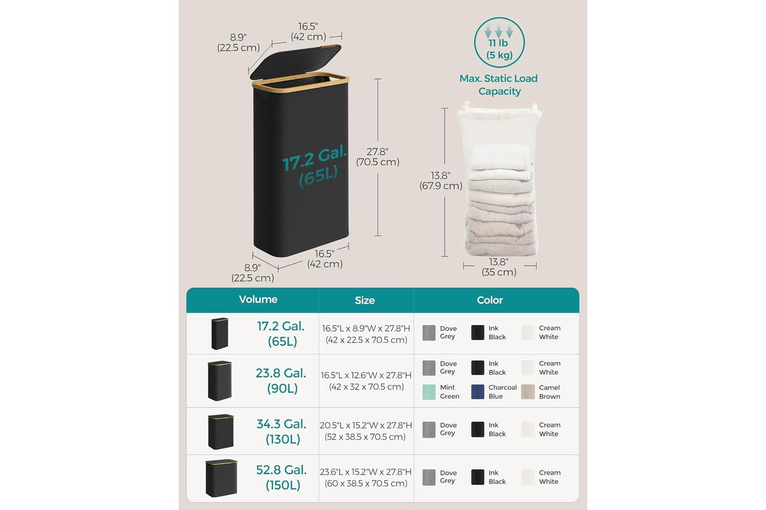 Laundry Hamper | Laundry Basket | Oxford Fabric & Bamboo | 42 X 22.5 X 70.5 Cm-6
