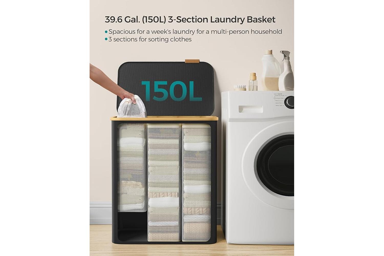 Laundry Hamper | Laundry Basket | Oxford Fabric & Bamboo | 60 X 38.5 X 70.5 Cm-3