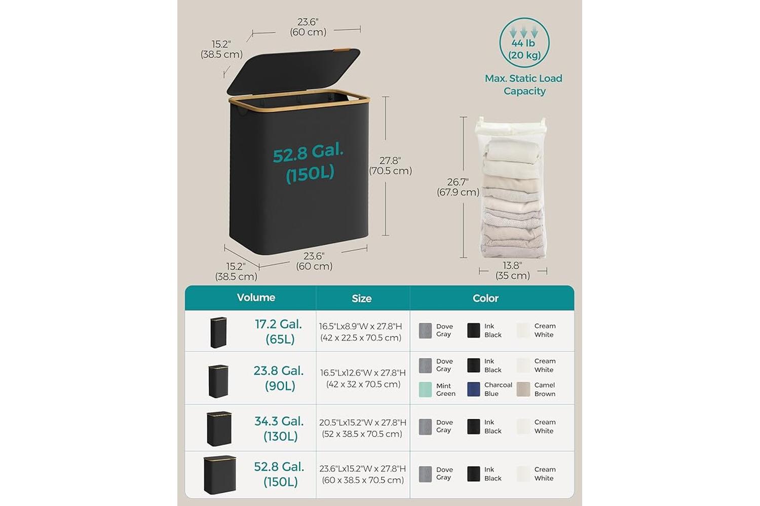 Laundry Hamper | Laundry Basket | Oxford Fabric & Bamboo | 60 X 38.5 X 70.5 Cm-6