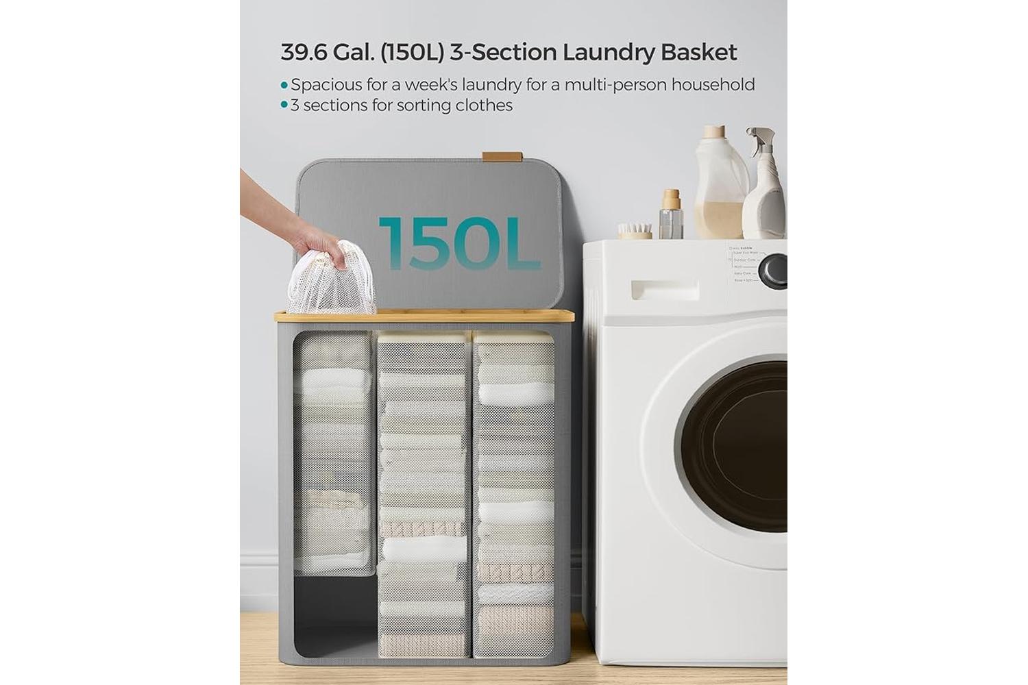 Laundry Hamper | Laundry Basket | Oxford Fabric & Bamboo | 60 X 38.5 X 70.5 Cm-2