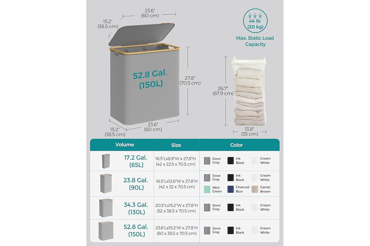 Laundry Hamper | Laundry Basket | Oxford Fabric & Bamboo | 60 X 38.5 X 70.5 Cm-5