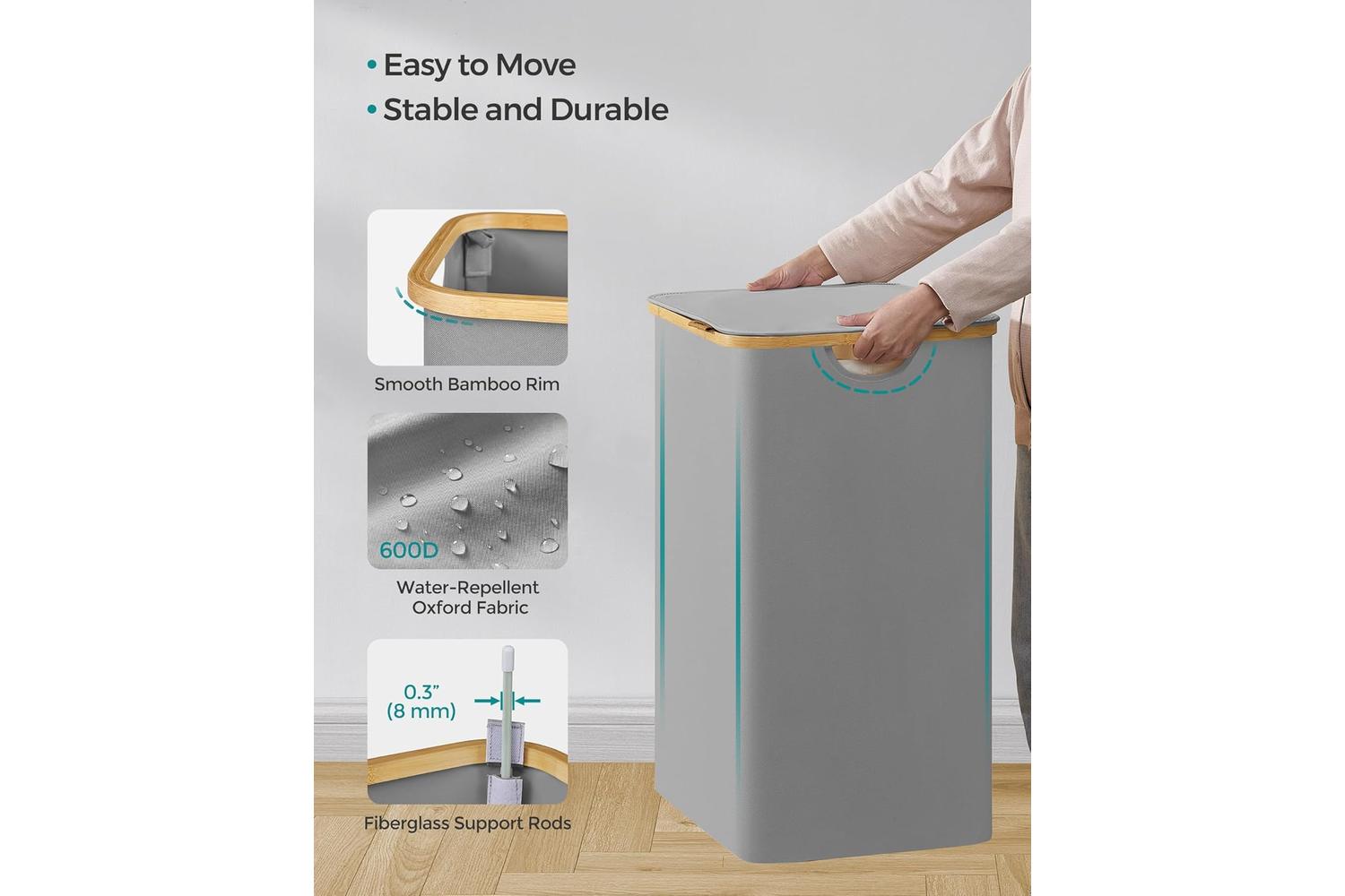 Laundry Hamper | Laundry Basket | Oxford Fabric & Bamboo | 60 X 38.5 X 70.5 Cm-6
