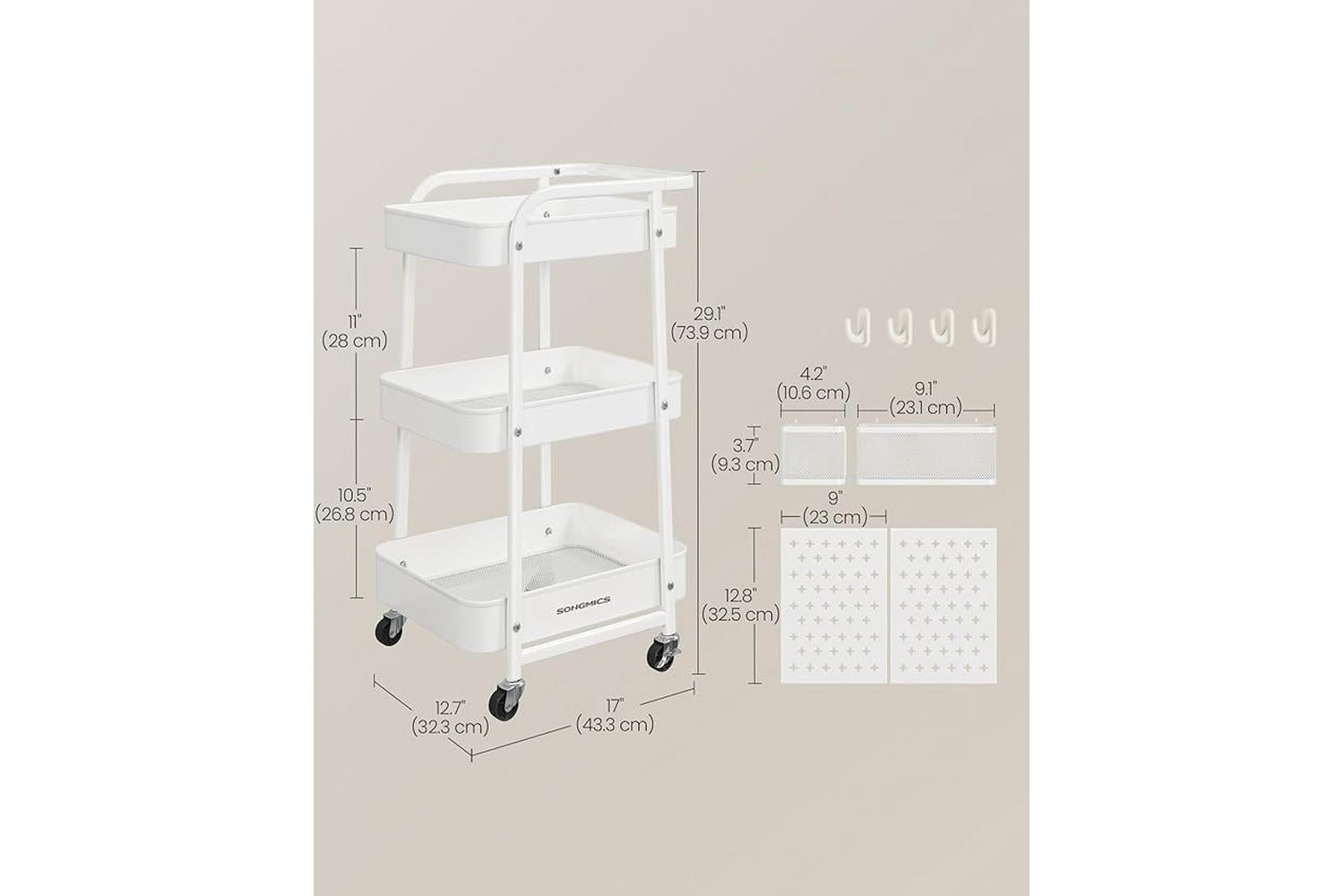 Songmics Storage Cart | Steel | Cloud White | 12.7d X 17w X 29.1h Inch-4
