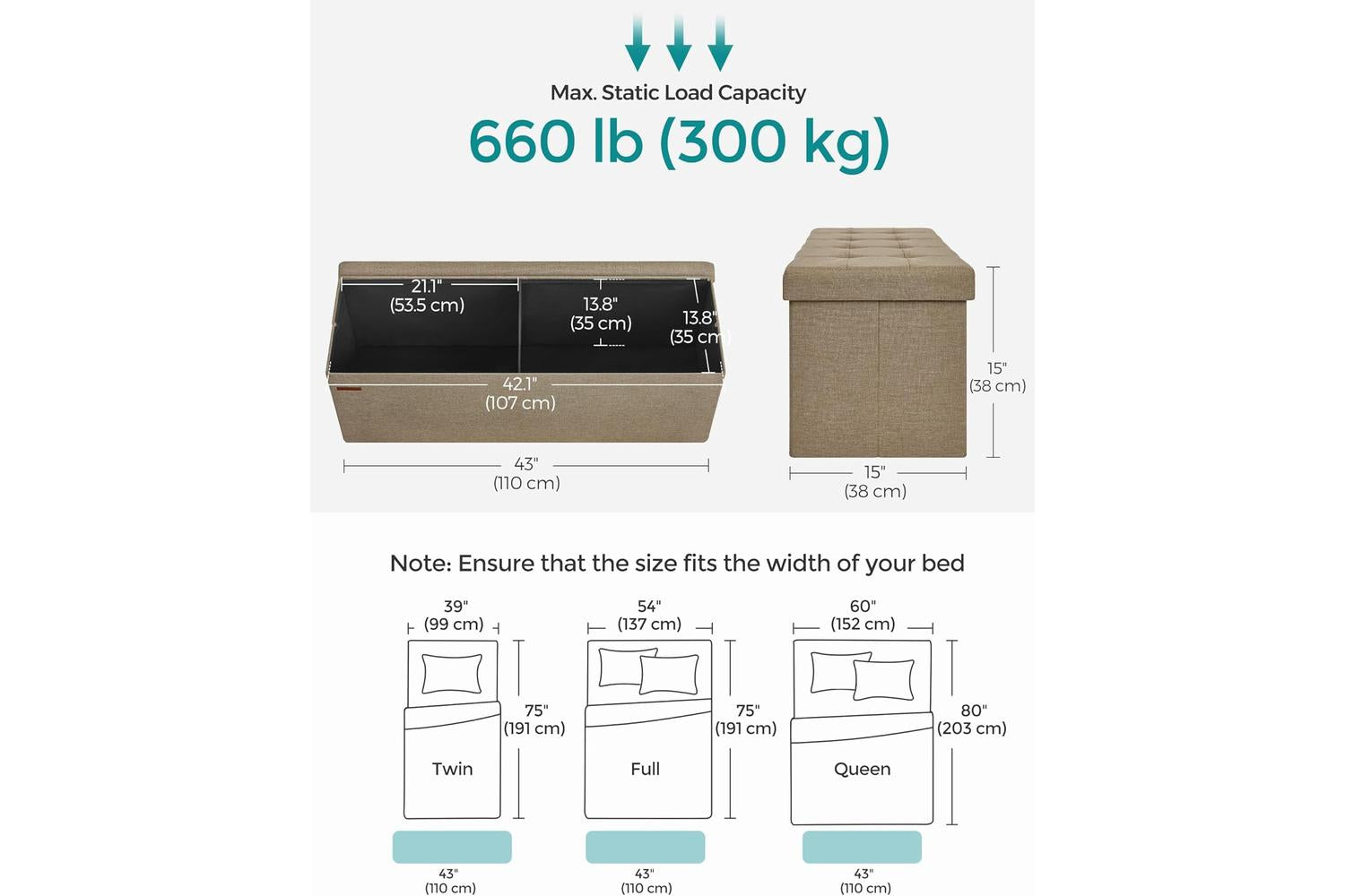 Storage Ottoman | Storage Bench | Linen-look Fabric | 110cm-2