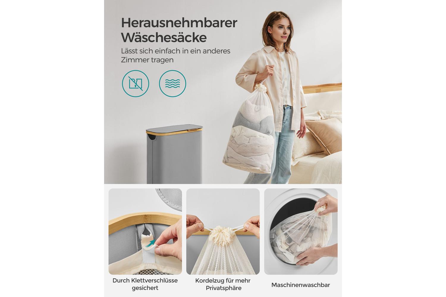 Laundry Hamper | Laundry Basket | Oxford Fabric & Bamboo | 42 X 22.5 X 70.5 Cm-4