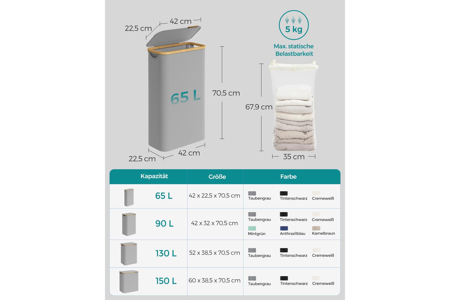 Laundry Hamper | Laundry Basket | Oxford Fabric & Bamboo | 42 X 22.5 X 70.5 Cm-5