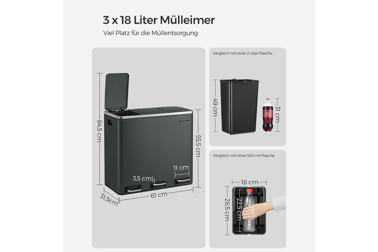 Songmics Garbage Can | Rubbish Bin | Steel & Plastic | 61.5 X 31.5 X 56 Cm-6