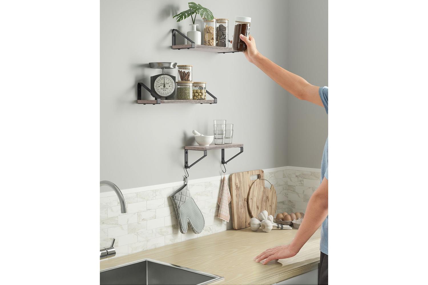 Vasagle Wall Shelf Set | Wood Chipboard And Steel | Greige-black | Set Of 3-3