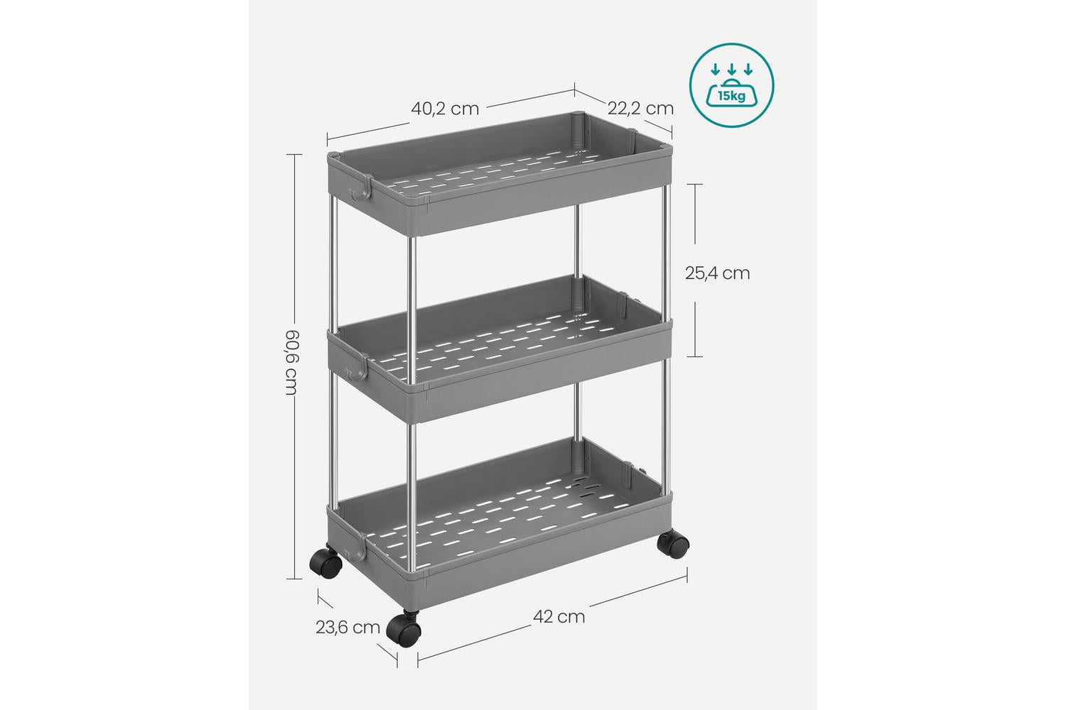 Kitchen Storage Rack | Storage Trolley | Stainless Steel & Pp Plastic | 23.6 X 42 X 60.6 Cm-4
