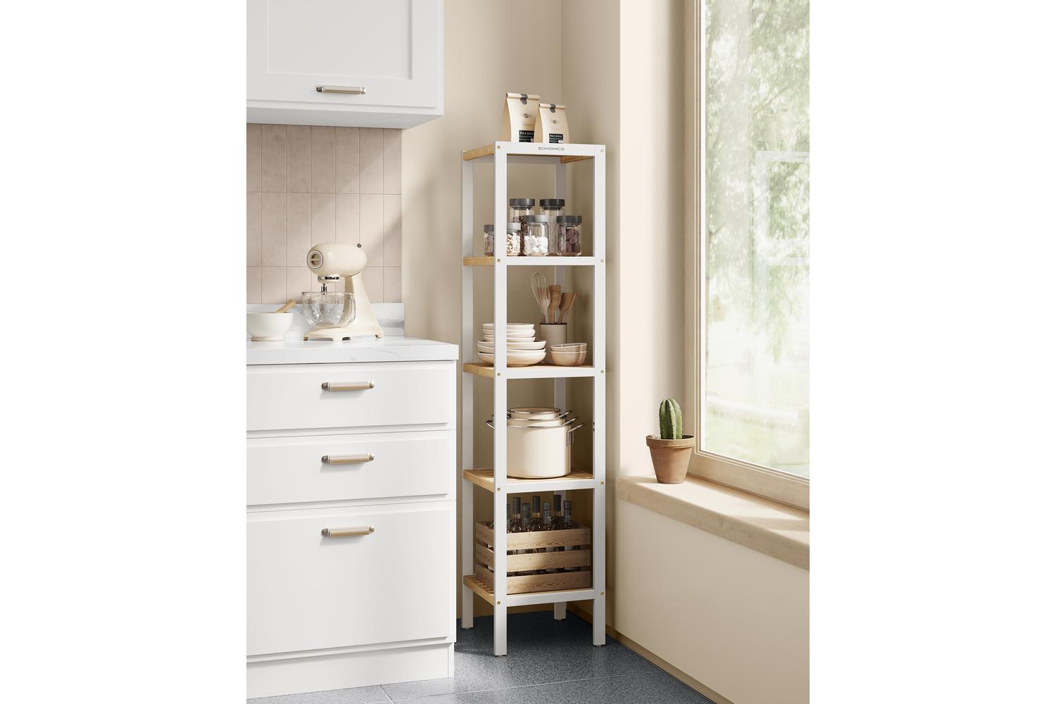 Five-layer White Bamboo Storage Rack | Bathroom Shelf | Bamboo | 146cm-4