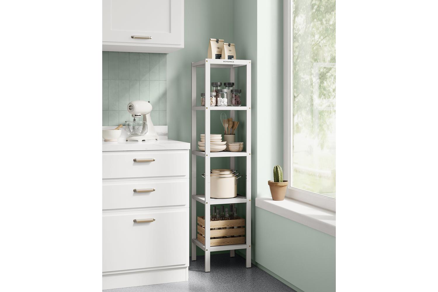 Five-layer White Bamboo Home Storage Rack | Bathroom Storage Rack | Bamboo | 146cm-4