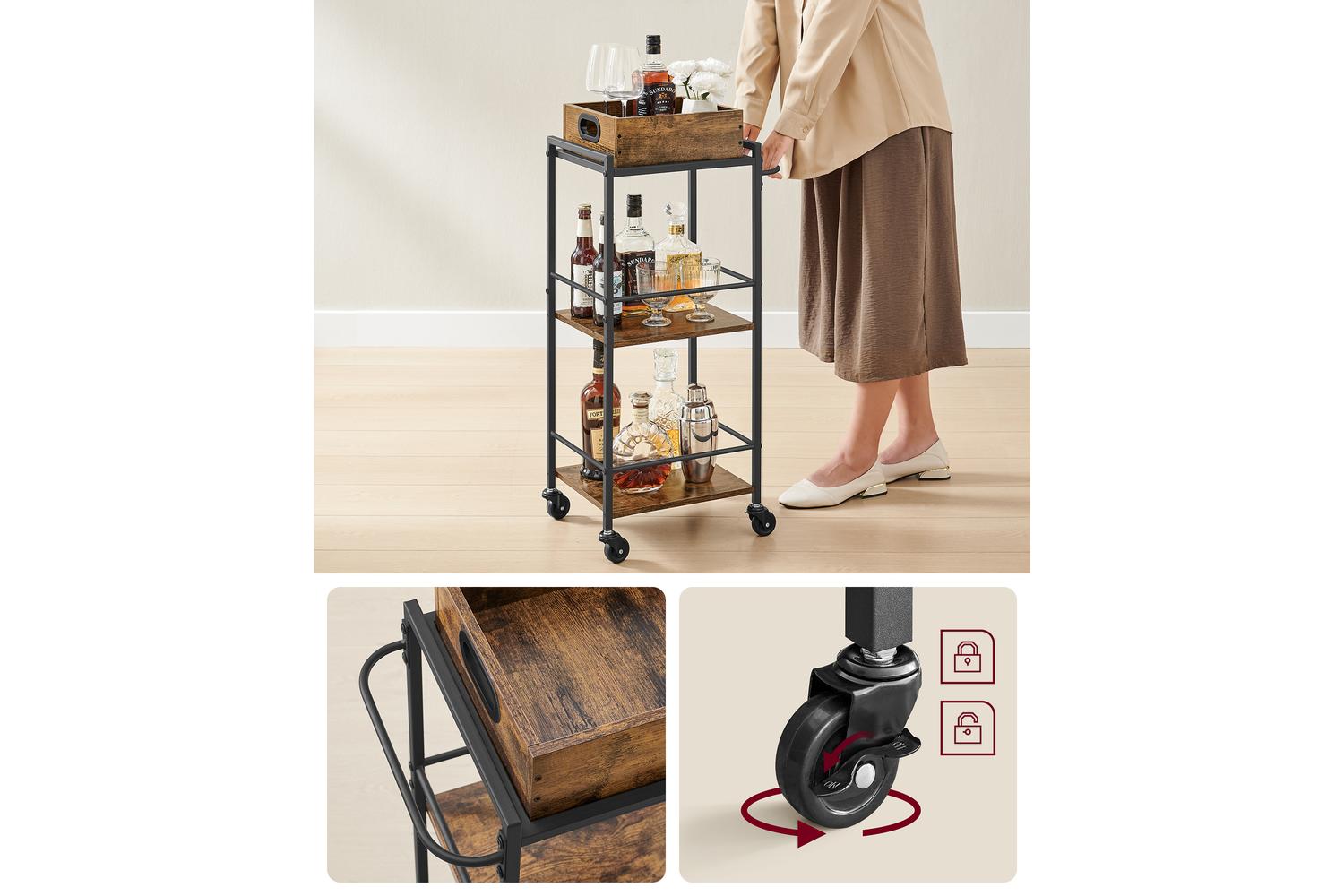 Vasagle Serving Cart | Trolley | Vintage Brown And Black | Three Shelves-3