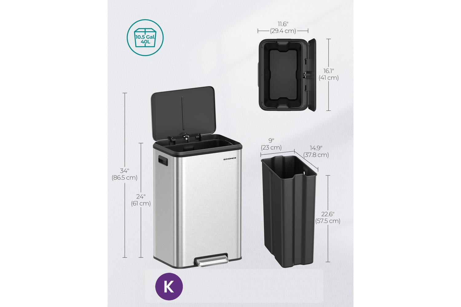 Trach Can | Rubbish Bin | Stainless Steel | 10.5 Gallon-6