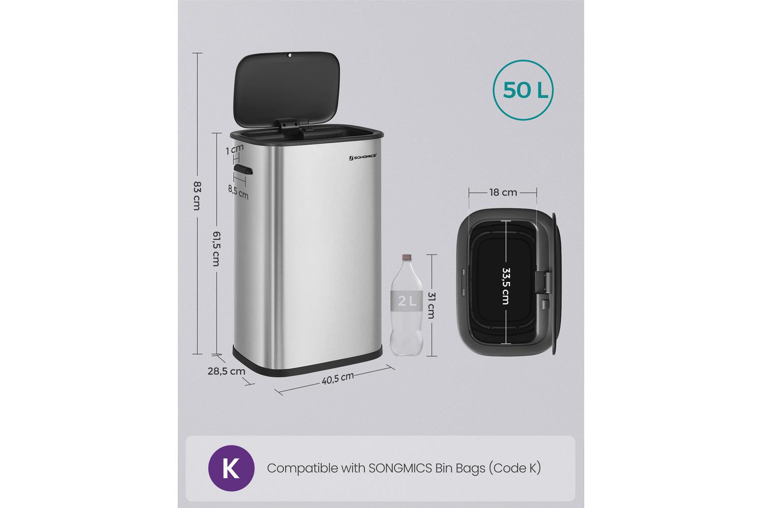 Songmics Automatic Kitchen Bin | Stainless Steel | 50l-5