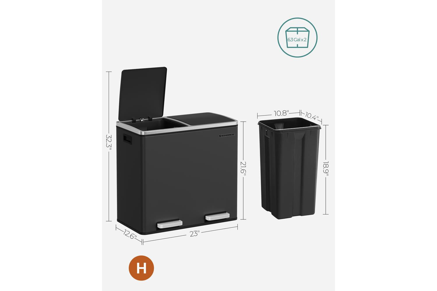 Songmics Garbage Can | Rubbish Bin | Steel | 58.5 X 32 X 54.5 Cm-5