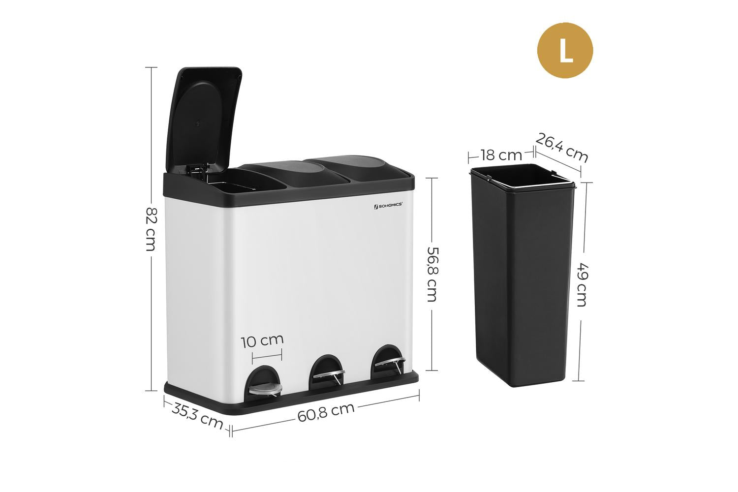 Songmics Garbage Can | Rubbish Bin | Steel And Abs Plastic | 60.4 X 30 X 56.3 Cm-6