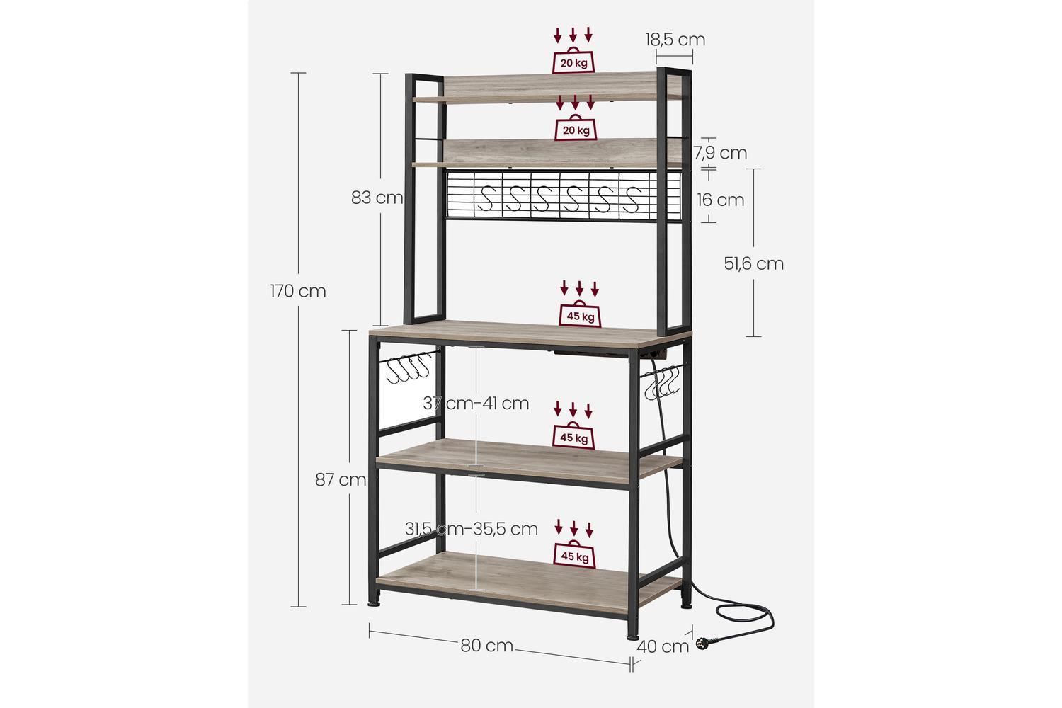 Kitchen Shelf With Outlets | Freestanding Storage Rack | Particleboard And Steel | 40 X 80 X 170 Cm-5