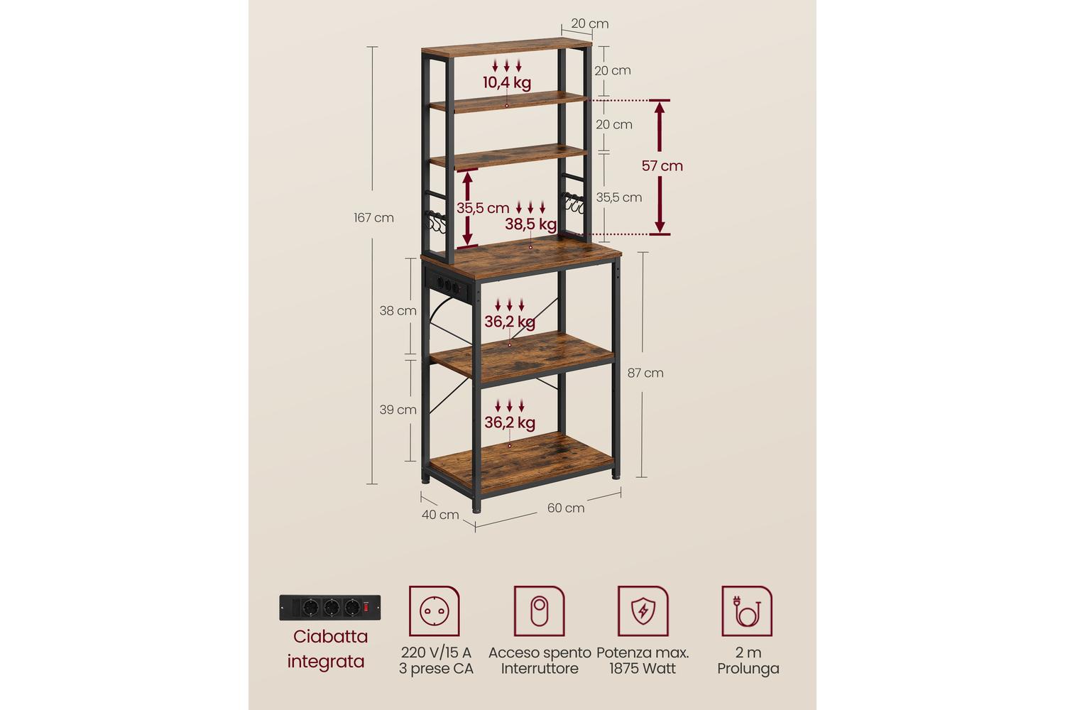 Kitchen Shelf | Kitchen Storage Rack | Steel And Particle Board | 40 X 60 X 167 Cm-6