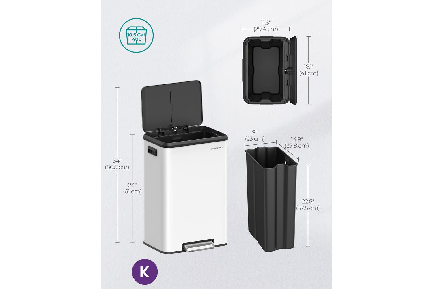 Songmics Trash Can | Pedal Bin | Steel | 40l-6