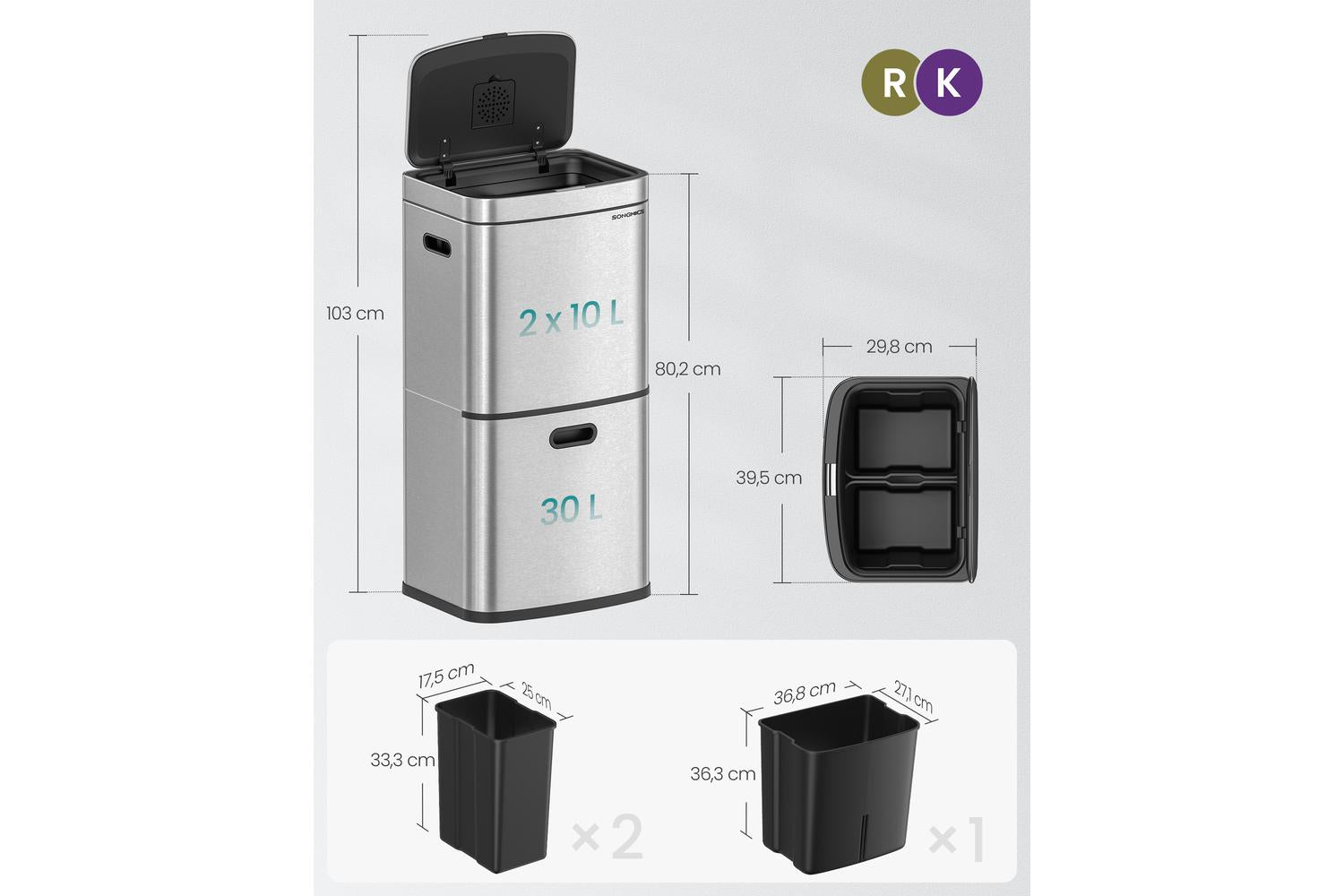Songmics Trash Can | Rubbish Bin | Steel | 50 Litre-5