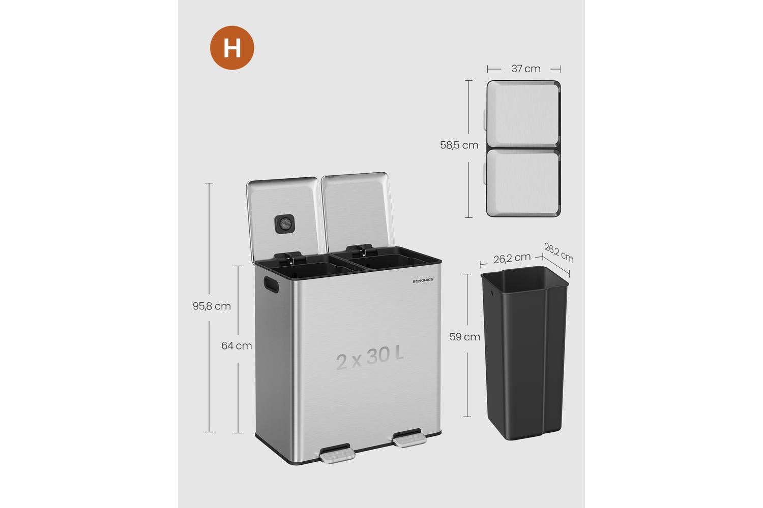 Songmics Trash Can | Stainless Steel | 64 X 58.5 X 37 Cm-5