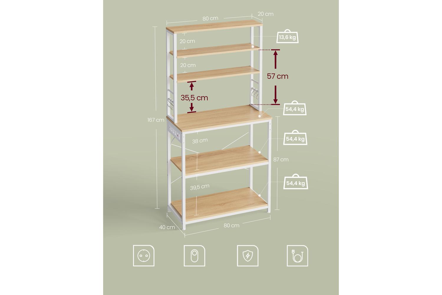 Bakers Rack | Kitchen Storage Rack | Steel And Particle Board | 40 X 80 X 167 Cm-5