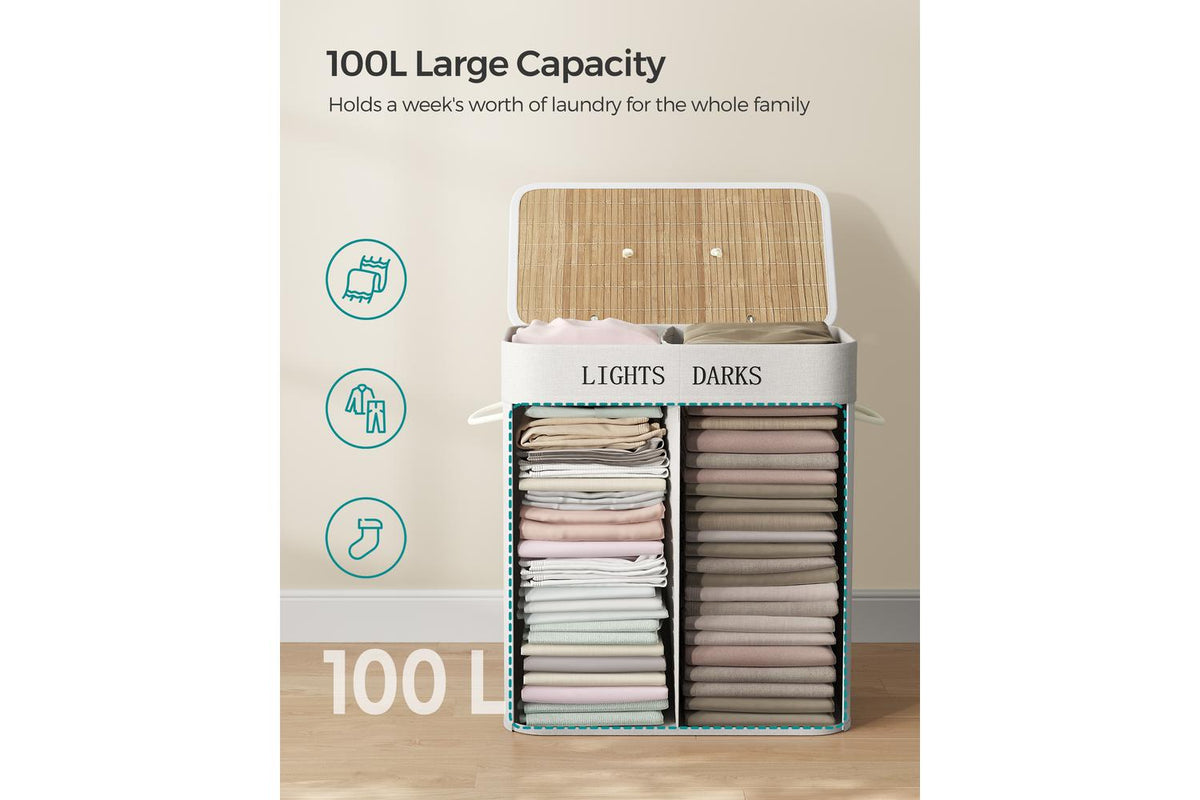 Songmics Laundry Hamper | Laundry Basket | Bamboo & Polyester-cotton Blend | 100 L-5