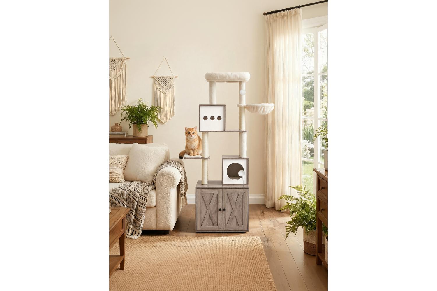 Feandrea Cat Tree | Cat Tree And Litter Box Cabinet | Particleboard And Plush-4