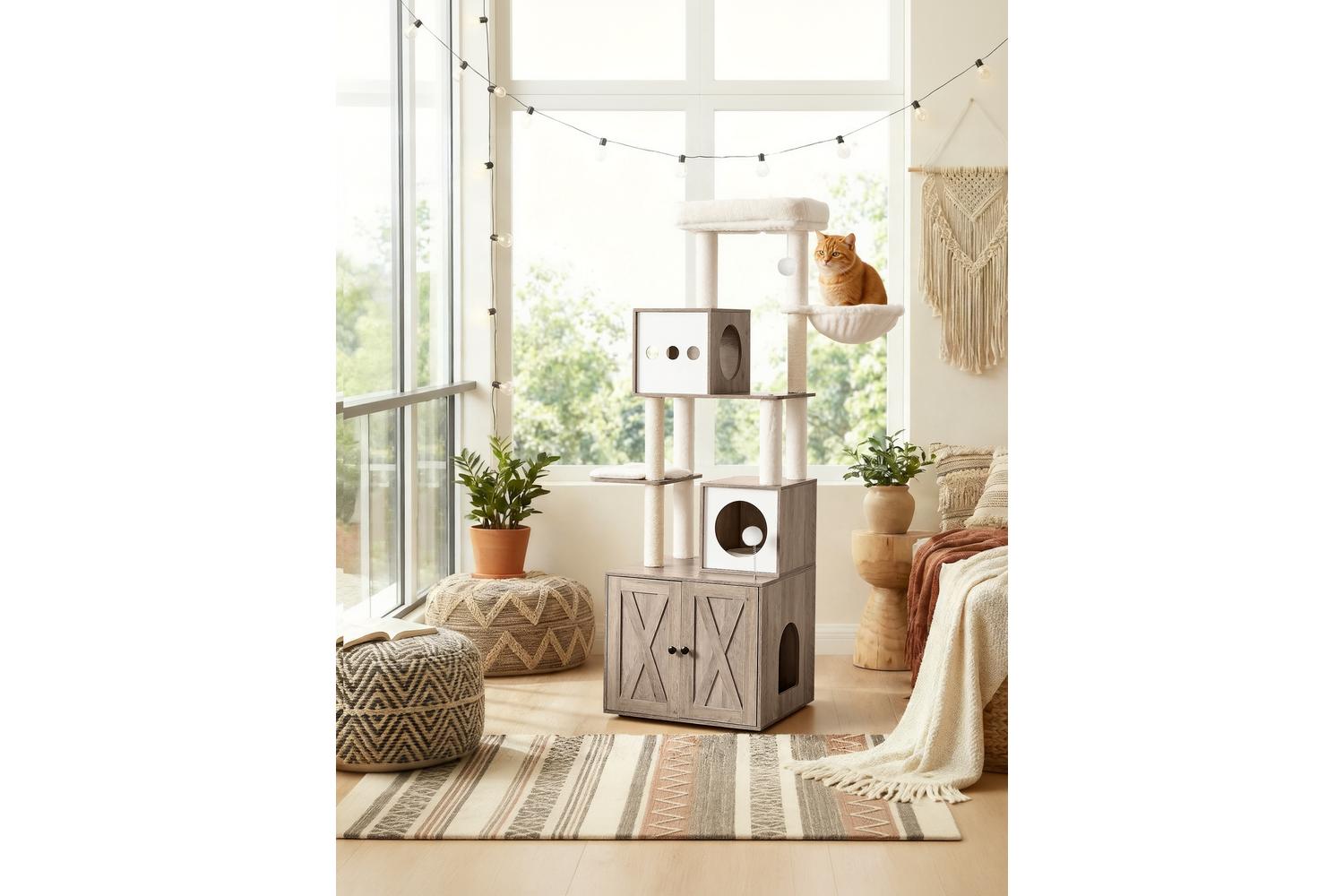 Feandrea Cat Tree | Cat Tree And Litter Box Cabinet | Particleboard And Plush-5