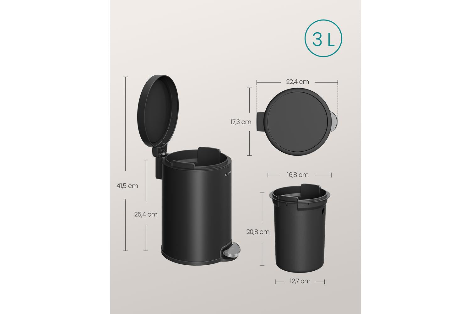 Songmics Trash Can | Rubbish Bin | Steel | 3 Litre-6