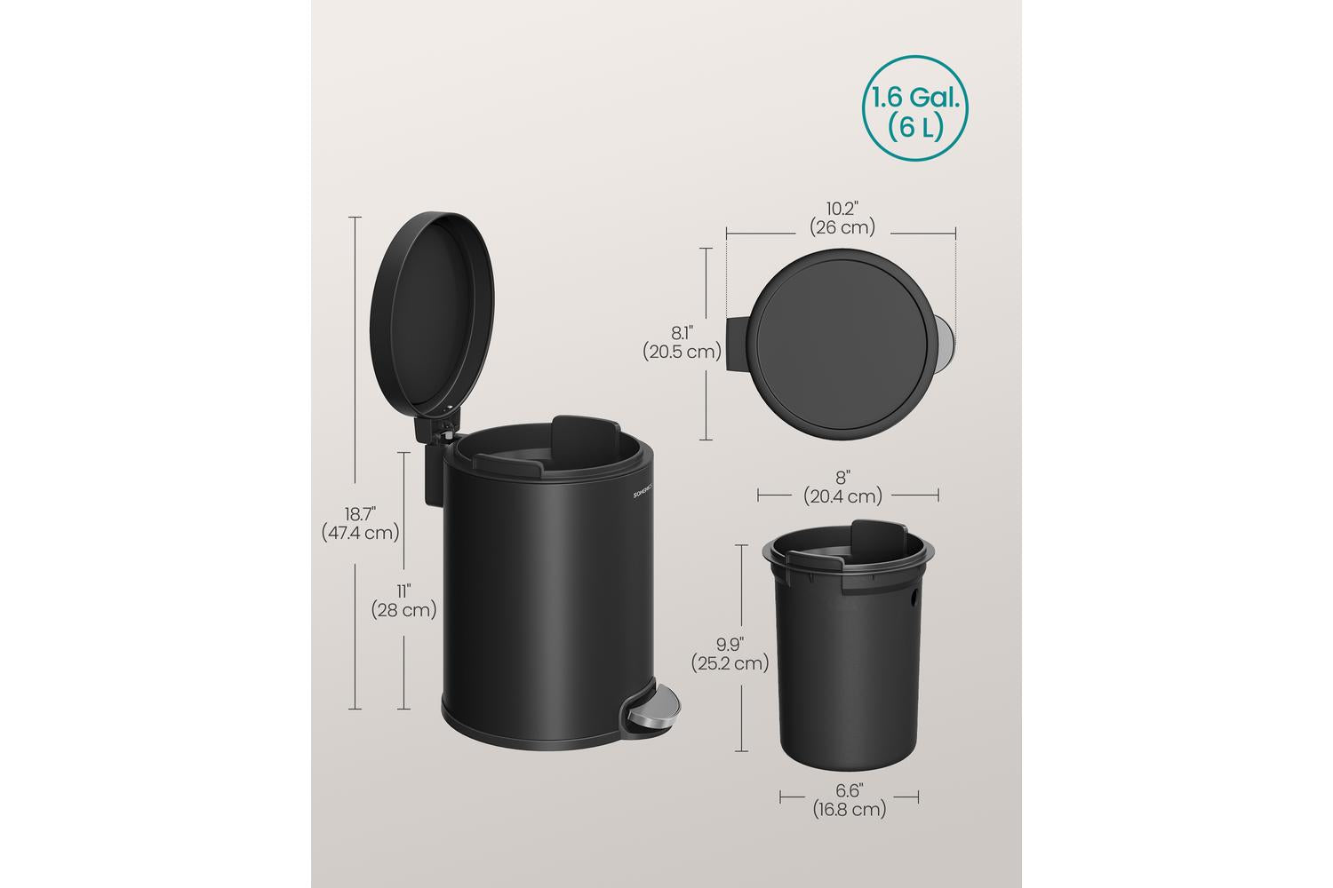 Songmics Trash Can | Rubbish Bin | Steel | 6 Litre-7