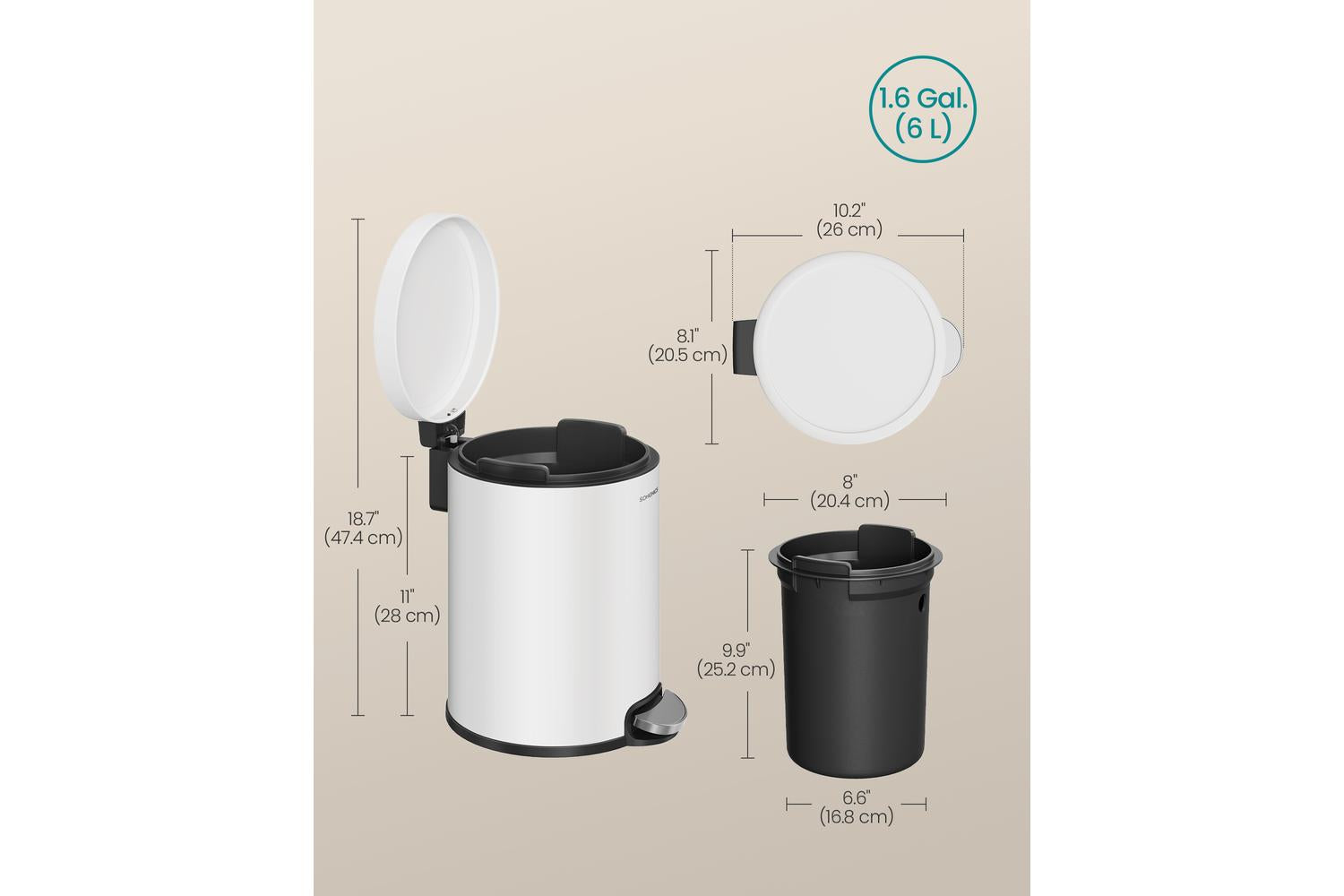 Songmics Trash Can | Rubbish Bin | Steel | 6 Litre-7