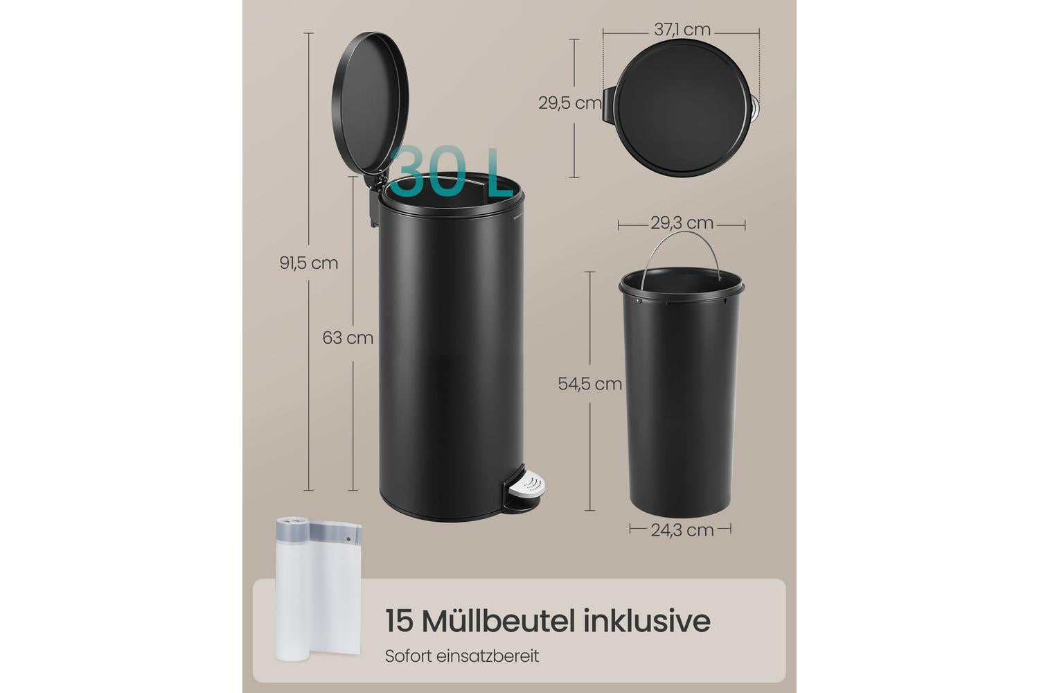 Songmics Trash Can | Rubbish Bin | Steel | 30 Litre-6