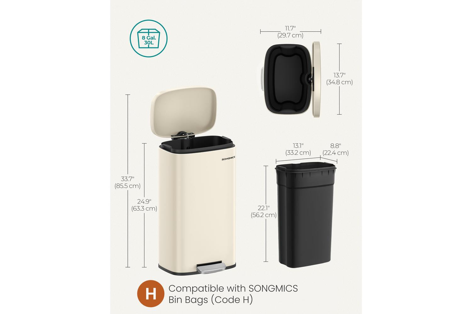 Songmics Trash Can | Rubbish Bin | Steel | 30l-7
