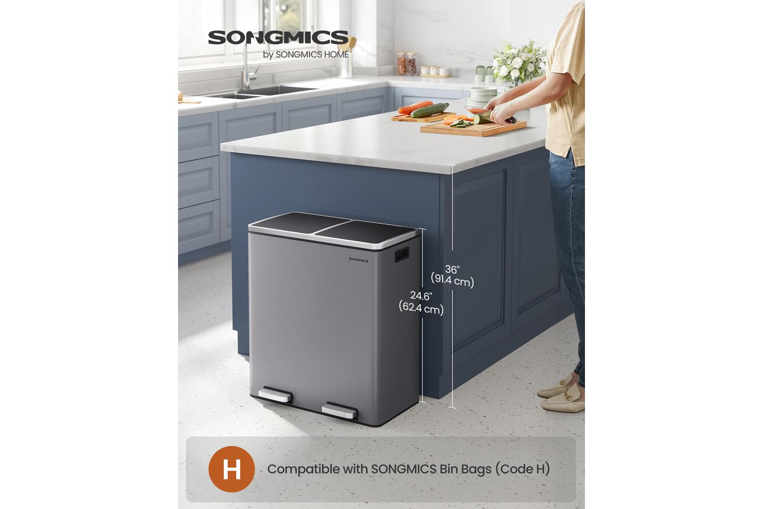 Songmics Trash Can | Rubbish Bin | Steel | 60 Litre-2