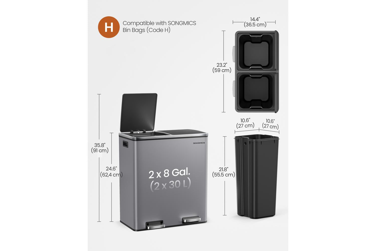 Songmics Trash Can | Rubbish Bin | Steel | 60 Litre-6